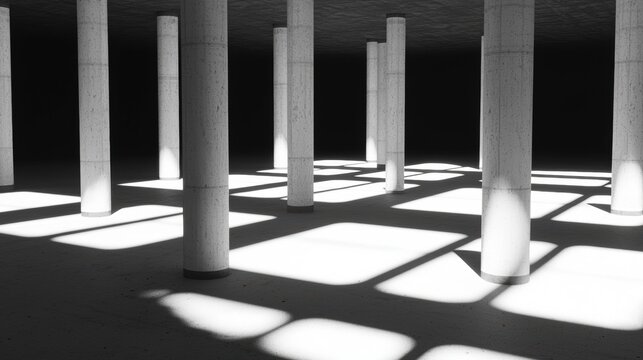 A black and white image of a room with columns and a floor.