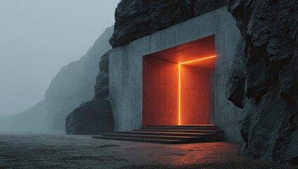 Misty mountain landscape, concrete portal with glowing red light