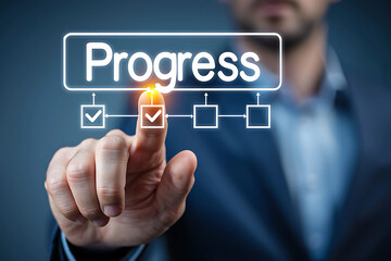 Man's finger touching progress checklist on digital screen