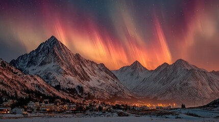 Obraz premium Aurora borealis over snowy mountains and town