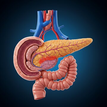 human pancreas, emphasizing the intricate network of ducts within the gland, against a warm red background.