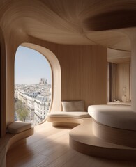 Modern, minimalist room with panoramic city view.  Light-colored wood features flowing curves