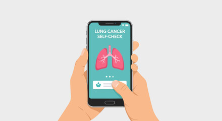 Hands holding a smartphone displaying a lung cancer self-check app.