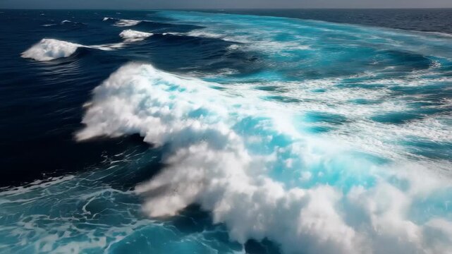 Ocean wave crashing close-up, zoom on sea surf movement