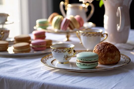 Elegant afternoon tea setup with teacups, pastries, and flowers 