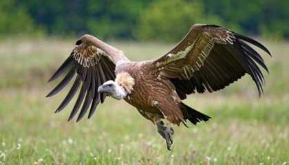 Fototapeta premium Vulture in flight over meadow (1)