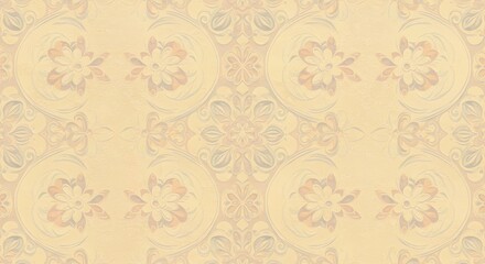 An elegant, symmetrical vintage pattern featuring faded floral and ornate scroll motifs on a soft beige background.