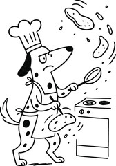 Fototapeta premium Hand-drawn dog chef in apron and hat flips pancakes, food flying everywhere, funny black-and-white sketch.