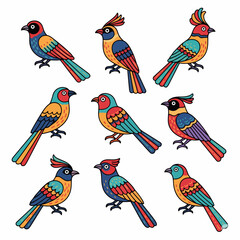 Colorful birds set, stylized avian creatures, decorative elements