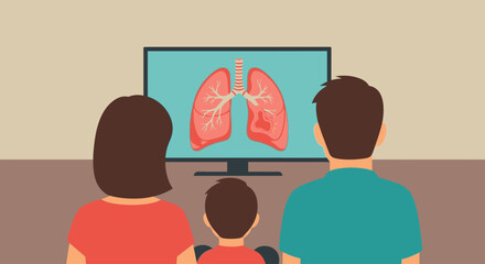 Family watches educational program about lungs on television.