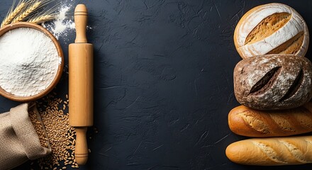 Artisan bread baking ingredients and tools on dark background