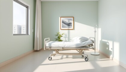 Empty hospital bed in a light and airy room, bathed in natural light.