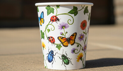 Delightful paper cup showcasing whimsical butterflies, ladybugs, and floral designs perfect for spring events, garden parties, or eco-friendly picnics that celebrate nature's charm