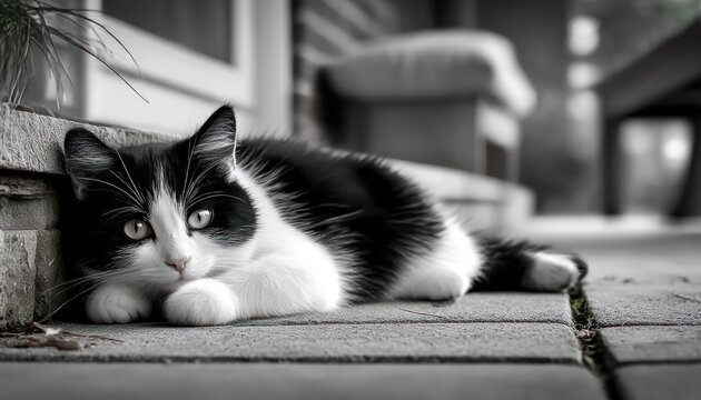 Black and white cat resting outdoors