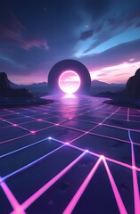 Vivid Retro-Futuristic Landscape with Glowing Neon Grid and Portal