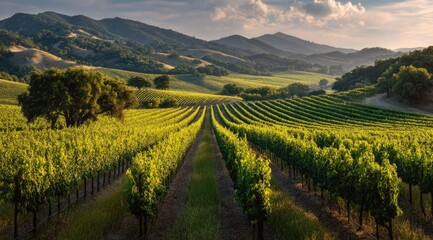 Lush vineyard rows stretch across a valley, bathed in golden sunlight,  with rolling hills and trees in the background