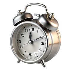 Silver alarm clock showing twelve o'clock isolated on transparent background