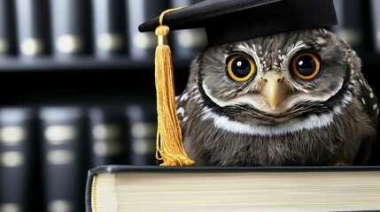 Wise owl with graduation cap perched on book in library setting