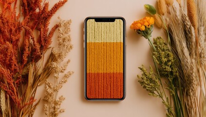 Smartphone with autumnal themed wallpaper, surrounded by fall foliage