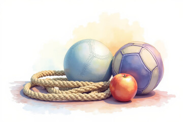 Sports equipment and an apple on a white background, isolated, ideal for fitness and healthy lifestyle themes.