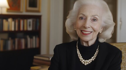 Elegant Senior Woman Smiling Portrait in Library Setting