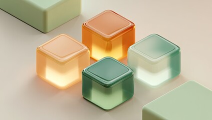 Fototapeta premium Abstract composition of four translucent cubes in muted pastel hues arranged in a cross pattern, with additional soft-colored cubes in the background