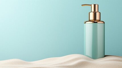 Luxurious blue cosmetic dispenser on sandy beach background