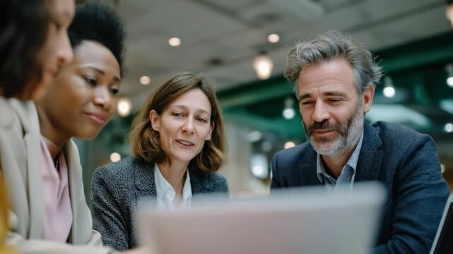 A group of people are sitting around a table looking at a laptop. They are smiling and seem to be enjoying each other's company. Scene is friendly and positive