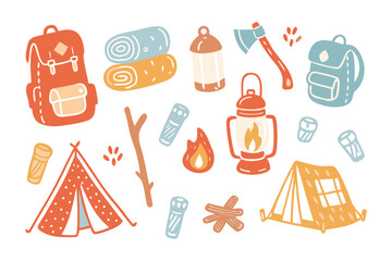 Camping essentials: A collection of illustrated camping essentials, including tents, backpack, axe, campfire, lantern and more, presented in a charming, handcrafted style. 