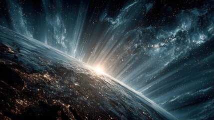 A breathtaking digital visualization showcasing Earth from space, with a stunning sunrise and cosmic backdrop.