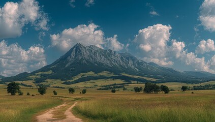 Fototapeta premium Mountain vista, dirt road through meadow