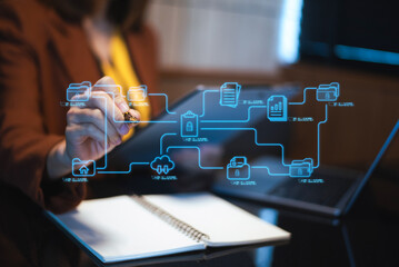 Modern businesswoman using a stylus to interact with digital data flow on tablet. Concept of cloud storage, cybersecurity