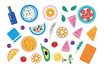 Colorful food pattern: An overhead shot of an assortment of vibrant, hand-drawn food items on a flat surface, showcasing the beauty and variety of fresh ingredients. 