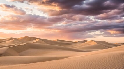 Golden Desert Dunes at Sunset – Dramatic Sky with Vibrant Cloud Colors
