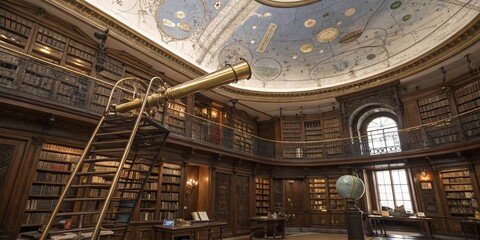 Obraz premium Interior shot of an old library with a telescope and a ceiling with celestial art work design