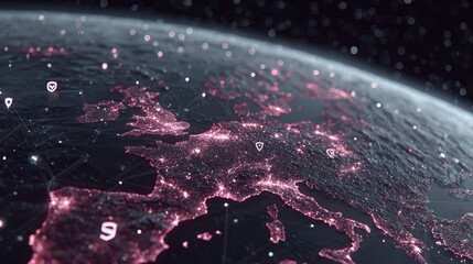 Earth's night side illuminated, showing interconnected network of data and communication, a global view.