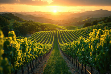 Fototapeta premium Endless Vineyards Awaken Under a Golden Dawn