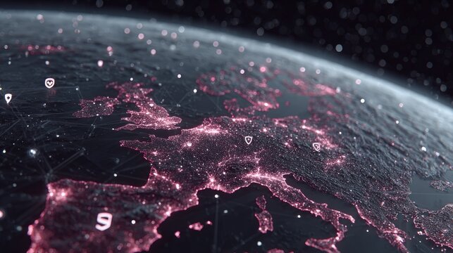 Earth's night side illuminated, showing interconnected network of data and communication, a global view.