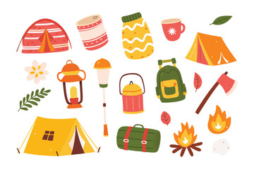 Camping Essentials Illustration: An artistic arrangement of hand-drawn camping equipment, perfect for outdoor and adventure-themed creative projects. Includes a tent, mug, axe, lantern and campfire.