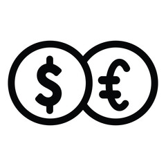 Black cartoonish dollar  euro coin icons overlap simple design isolated on a white backdrop