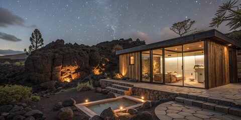 Modern cabin with glass walls and outdoor hot tub under a starry night sky landscape setting view