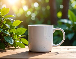 Off-white speckled ceramic mug on rustic wooden table with green plant. Minimalist, cozy lifestyle scene perfect for coffee, tea, branding, and home design projects.