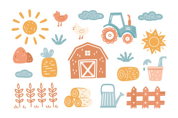 Fototapeta premium Farm Life Illustration: Delightful illustration of various elements evoking a sense of a farm, a charming assortment of a cheerful sun, fluffy clouds, and a rural barn.