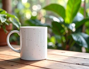 Off-white speckled ceramic mug on rustic wooden table with green plant. Minimalist, cozy lifestyle scene perfect for coffee, tea, branding, and home design projects.