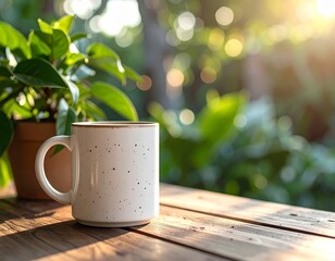 Off-white speckled ceramic mug on rustic wooden table with green plant. Minimalist, cozy lifestyle scene perfect for coffee, tea, branding, and home design projects.