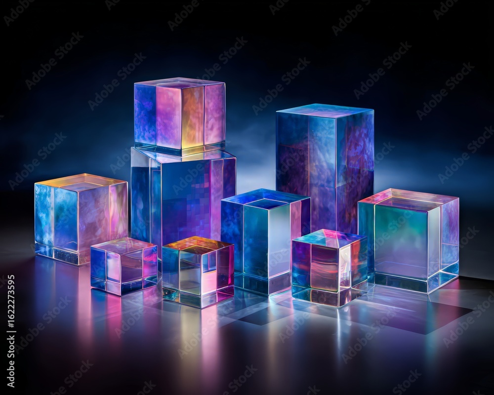 Wall mural abstract geometric display of multicolored transparent cubes