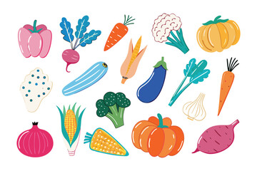 Colorful Vegetables: A delightful assortment of fresh vegetables, each rendered with vivid colors and playful details. The collection showcases the beauty of organic produce.