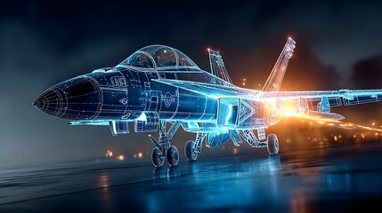 A digital wireframe hologram of a fighter jet on a dark tarmac, glowing blue with detailed lines, showcasing modern aerospace design	