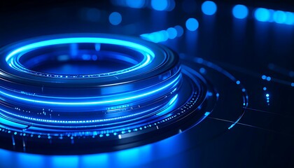 Futuristic, glowing blue circular interface