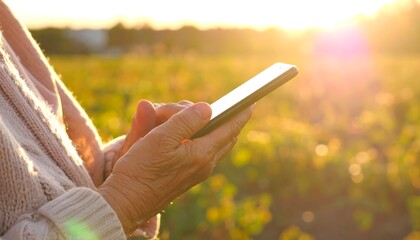 Elderly person uses smartphone outdoors at sunset in a field